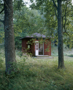 An exterior of a wooden country house set amongst trees and shrubs,