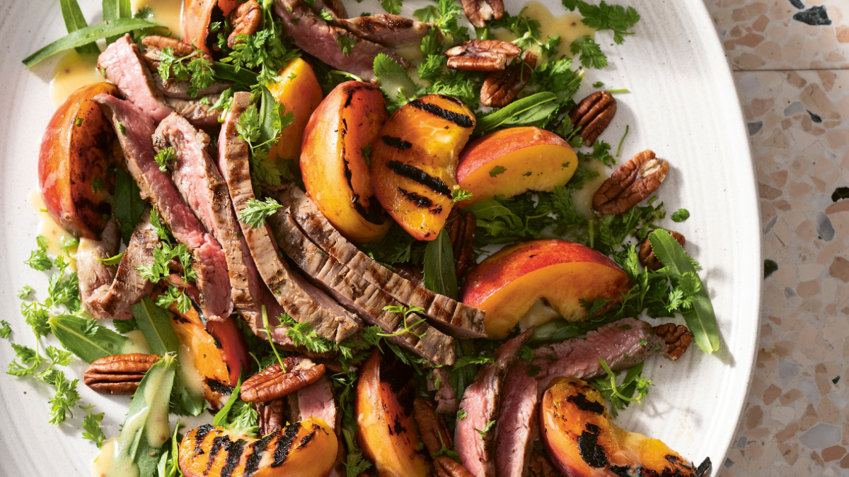Flank Steak Salad with Pecans & Charred Peaches